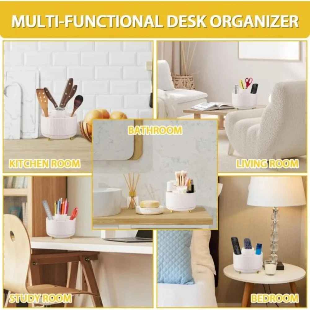 Multi-Angle Rotating Makeup Brush Holder, White Cosmetic Organizer for Vanity
